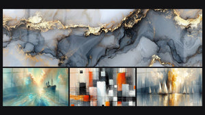 Mosaico de cuatro cuadros, entre ellos En El Corazón de la Brisa, Mecánica de Colores y Aurora sobre la Bahía