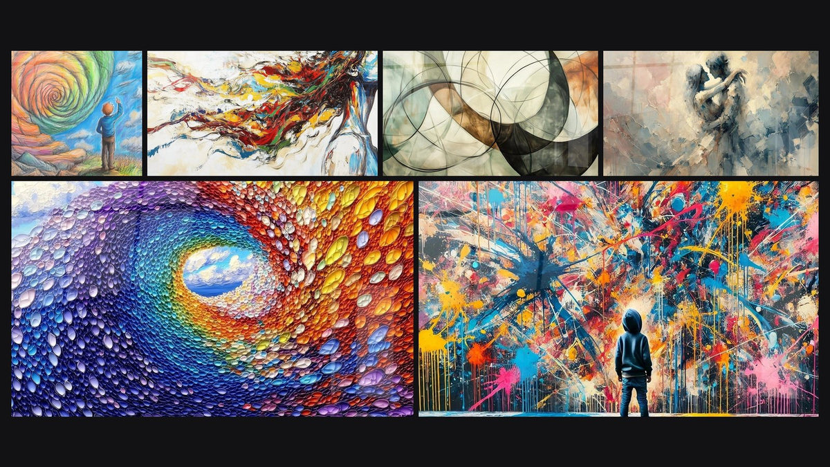 Mosaico di sei quadri, tra cui Bambino che contempla la spirale cosmica, Tavola a spirale cosmica multicolore e Muse Moderna