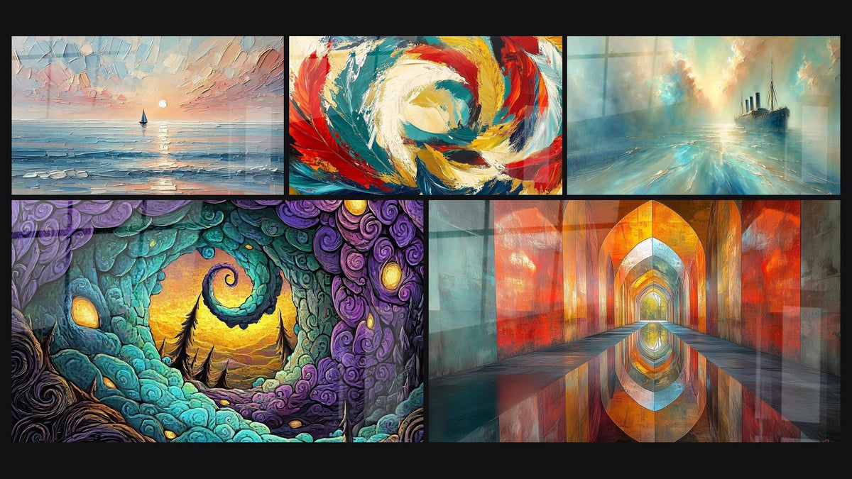 Mosaico de cinco cuadros, entre ellos Viaje al Crepúsculo, Cueva mística en espiral y Arcos Brillantes Color Bermellón