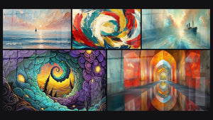 Mosaico de cinco cuadros, entre ellos Viaje al Crepúsculo, Cueva mística en espiral y Arcos Brillantes Color Bermellón