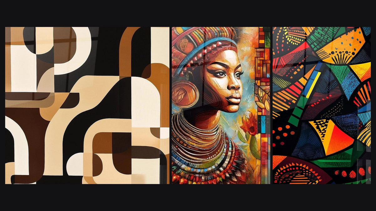 Mosaïque de trois tableaux : Abstrait Africain Échos du sahel, L'Éclat de l'Afrique et Formes d'Afrique Mosaïque sacrée