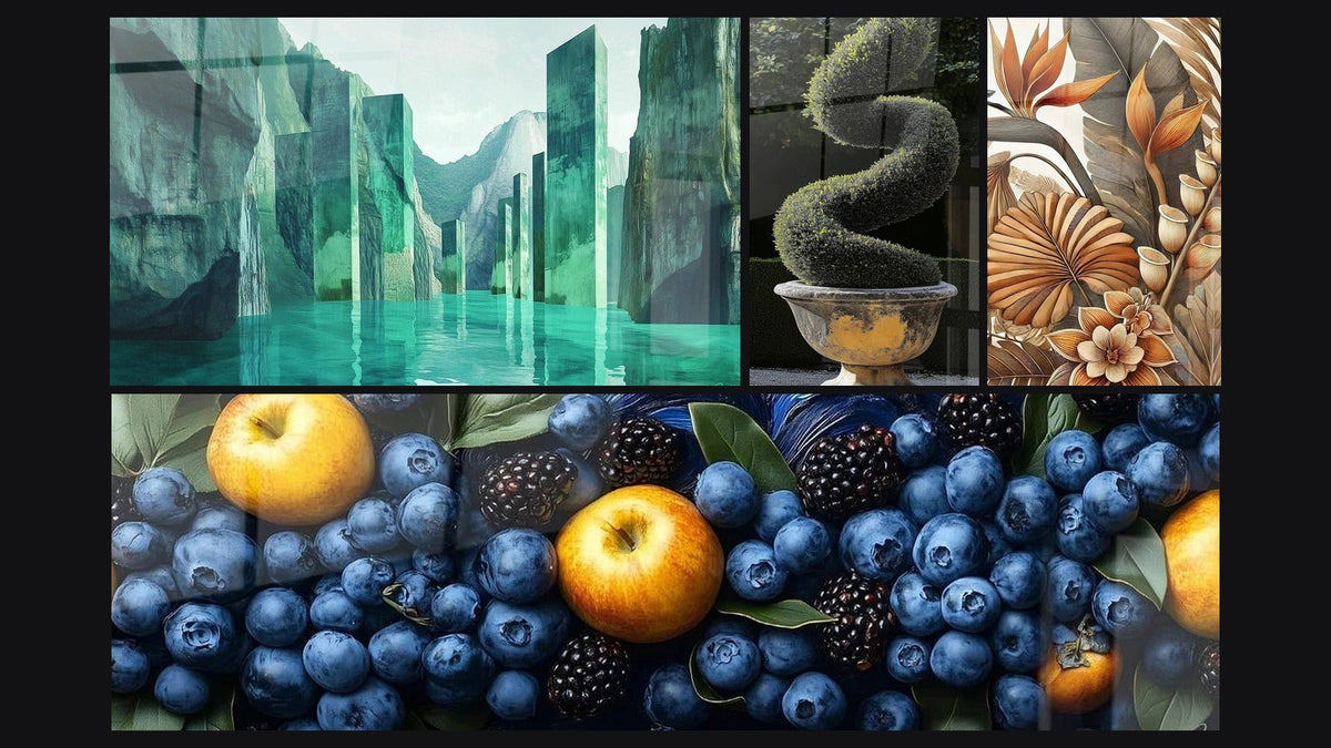 Mosaico de cuatro cuadros, entre ellos Monolitos Esmeralda, Myrtilles Nocturnas y Paleta Natural