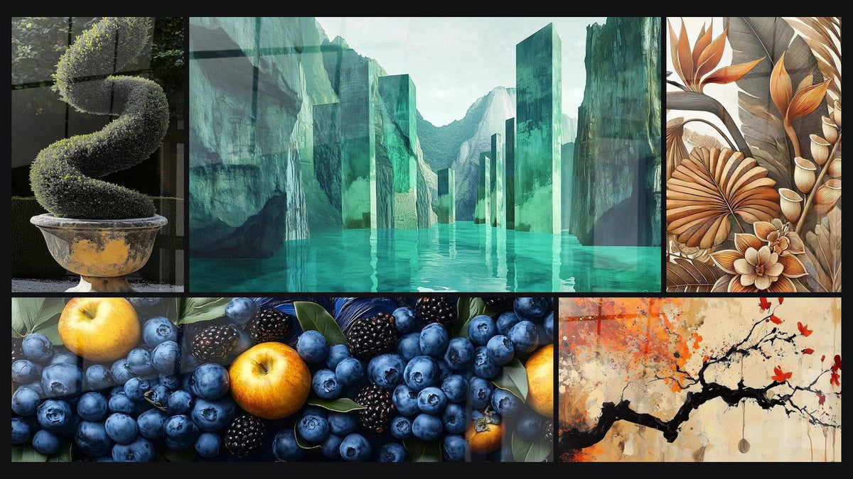 Mosaïque de cinq tableaux, dont Buis N°1, Monolithes Émeraude et Myrtilles Noctambules