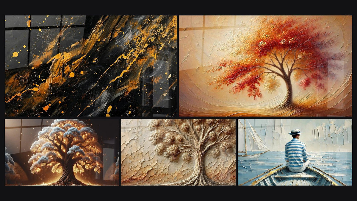 Mosaïque de cinq tableaux, dont Mouvements Fluides Dorés sur Fond Sombre, Danse des Saisons et Arbre de Nuit