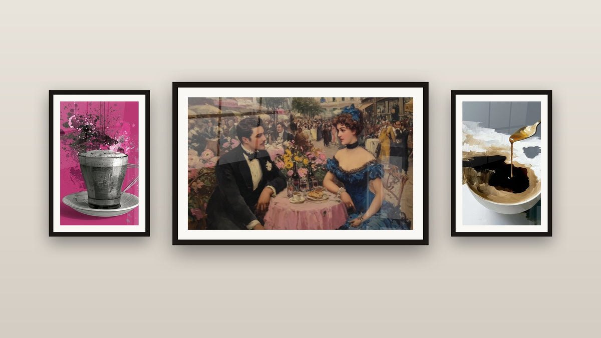 Gallery wall with three framed paintings, including Gray Mug with Fuchsia and Black Splashes