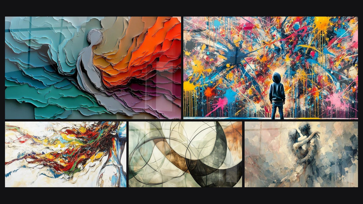 Mosaik aus fünf Gemälden, darunter Farbige geologische Schichten, Tafel Muse Modern und Die unsichtbaren Verbindungen