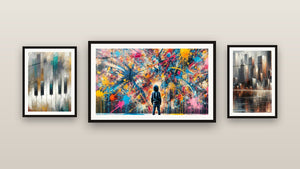 Mur de galerie avec trois tableaux encadrés : Symphonie Urbaine en Clés Majeures, Réflexions Urbaines et Éclats de Peinture