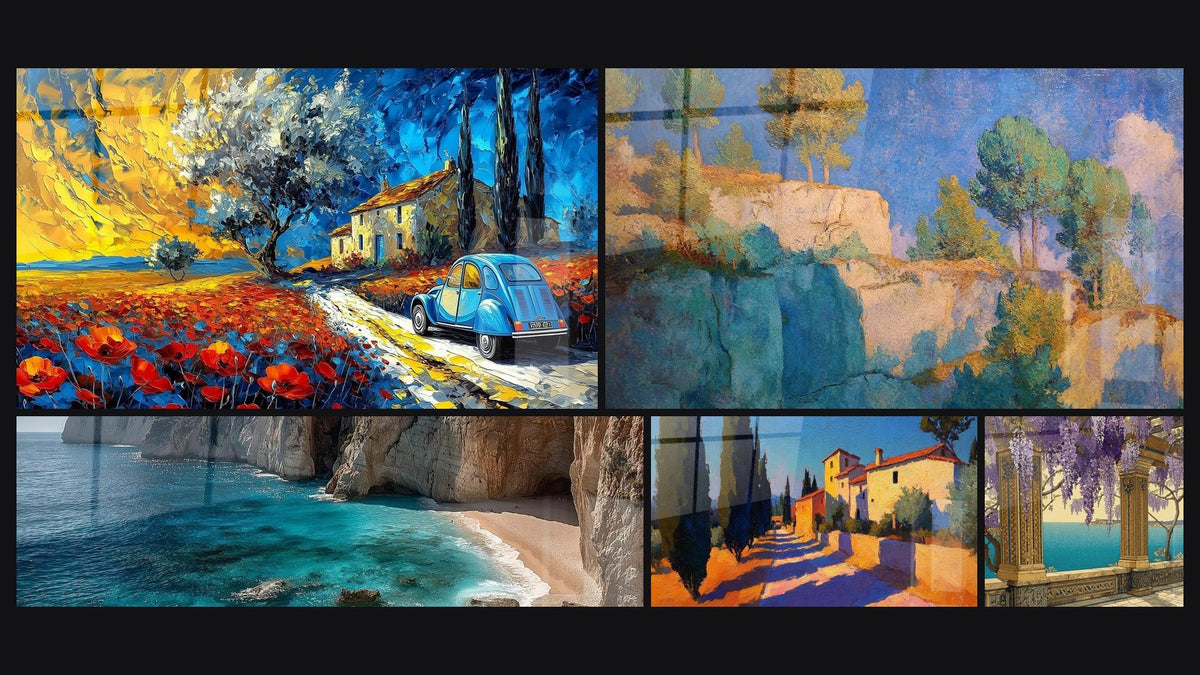 Mosaico de cinco cuadros, entre ellos Cala Mediterránea, Acantilados mediterráneos y Pueblo mediterráneo