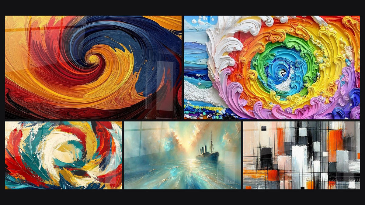 Mosaic of five paintings, including Colorful Spiral Whirlwind, Spiral wave colorful and Cosmic Metamorphosis