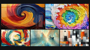 Mosaico de cinco cuadros, entre ellos Espiral torbellino colorido, Ola colorida en espiral y Metamorfosis Cósmica