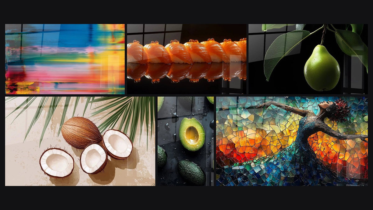 Mozaïek van zes schilderijen, waaronder Abstracte afbeelding kleurrijke beweging, Sushitafel nr. 2 en Advocaat Nr. 1