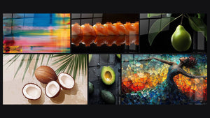 Mosaïque de six tableaux, dont Abstrait mouvement coloré, Sushi N°2 et Noix de coco N°2