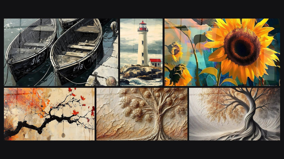 Mosaic of six paintings, including Terracotta Wall Art No.4, Sunflower Wall Art No. 1 and Ancient Tree