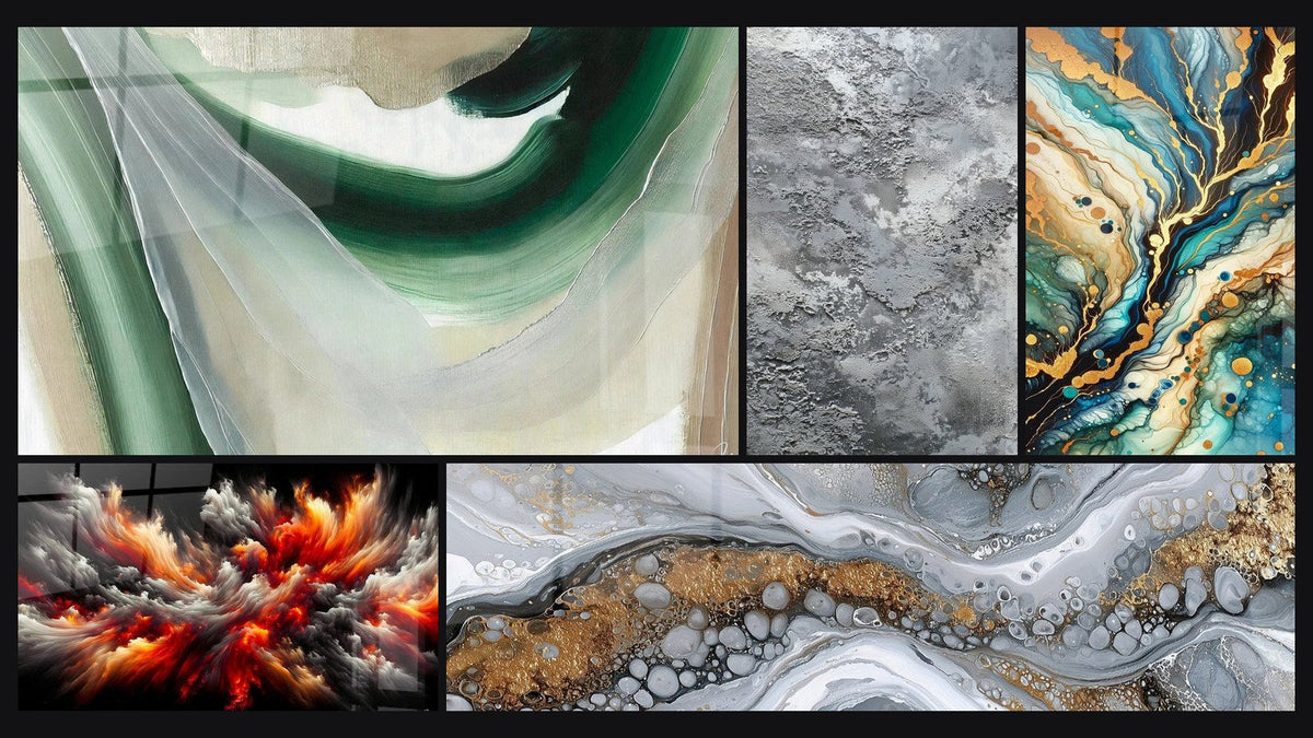 Mosaico de cinco cuadros, entre ellos Seda Esmeralda, Tormenta Solar Abisal y Abstracto Fluido Gris y Oro