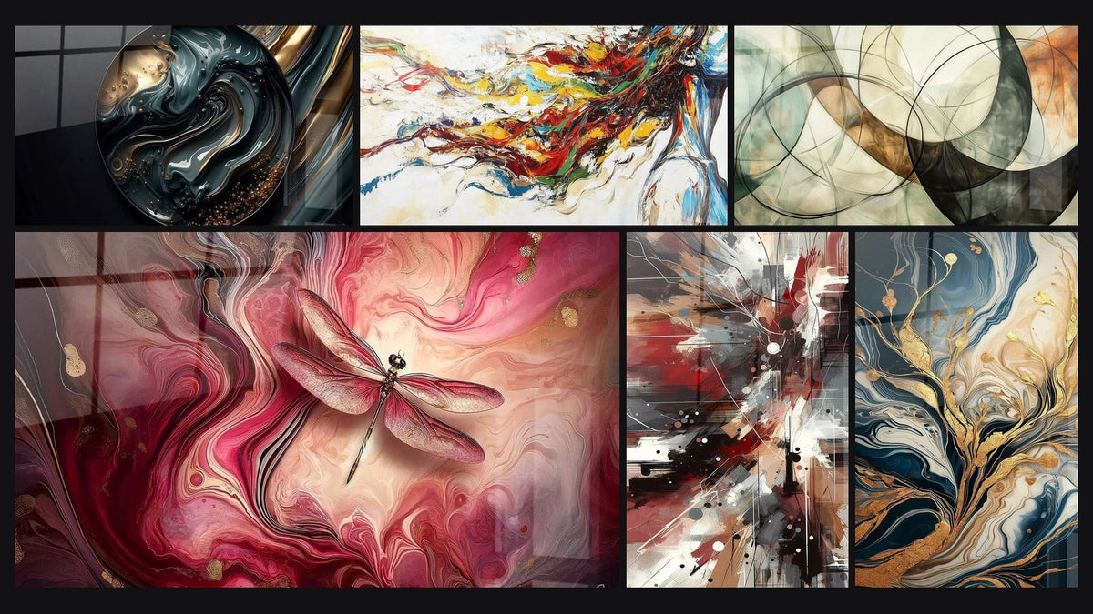 Mosaico de seis cuadros, entre ellos Vortex Dorado, Viaje Cósmico y Musa Moderna