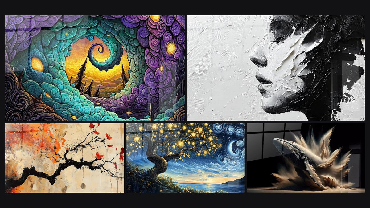 Mosaico de cinco cuadros, entre ellos Cueva mística en espiral, Retrato Mujer Expresiva y Terracota N°4