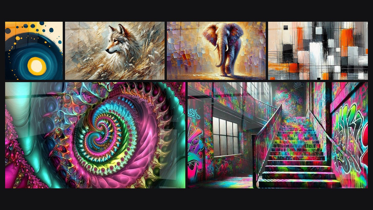 Mosaico de seis cuadros, entre ellos Espiral cósmica azul y naranja, Espiral psicodélico multicolore y Arte callejero N°5
