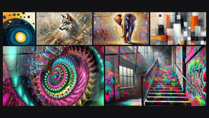 Mosaïque de six tableaux, dont Spirale cosmique bleue et orange, Spirale psychédélique multicolore et Street art N°5
