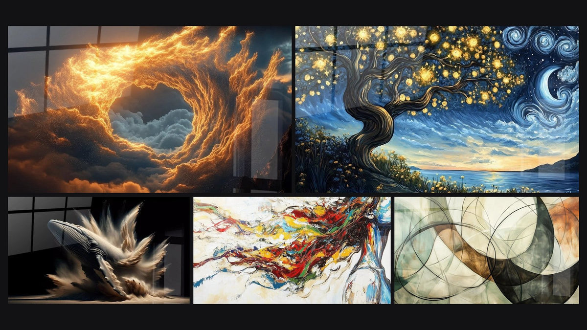 Mosaico de cinco cuadros, entre ellos Espiral de fuego dorado, La ballena de Elise y Musa Moderna