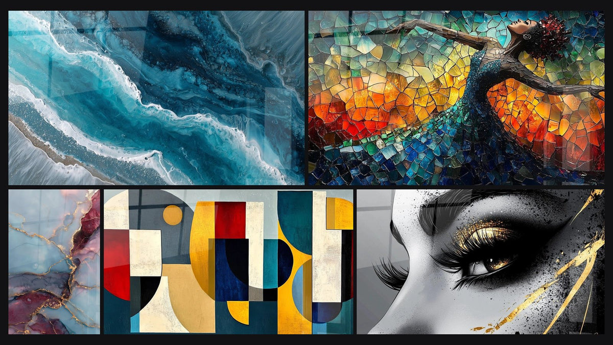 Mosaic of five paintings, including Golden Veins on Sky Blue and Burgundy Hues, Colored geometric shapes and Golden Tear Eye