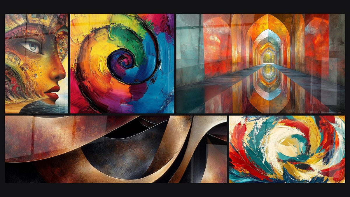 Mosaico di cinque quadri, tra cui Del volto femminile architettura, A spirale multicolore e Sinuosità Meditazione Ocra