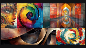 Mosaïque de cinq tableaux, dont Visage féminin architecture, Spirale multicolore et Sinuosités Méditation Ocre