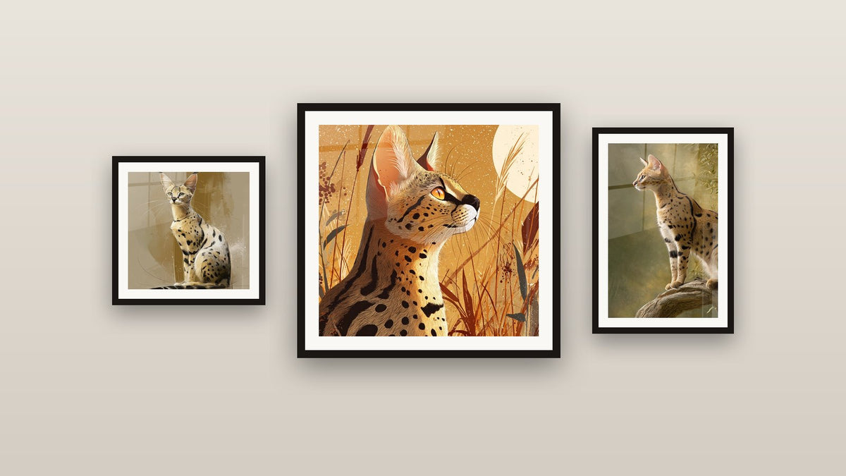 Parete galleria con tre quadri incorniciati, tra cui Chat Savannah in Erba Alta e Chat Savannah su Ramo