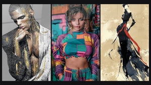 Mosaic of three paintings: Digital, Street and Elegant Silhouette Dress and Red Scarf