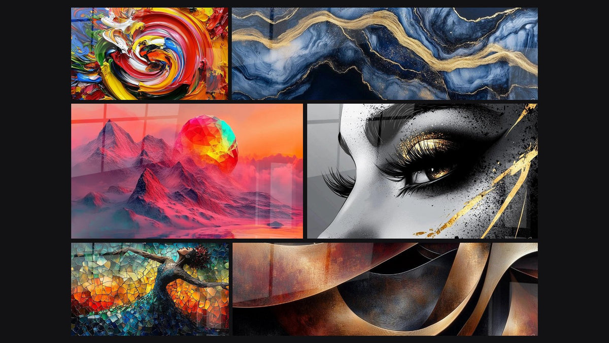 Mosaico di sei quadri, tra cui A spirale multicolore, Montagna futurista e Occhio lacrima d'oro