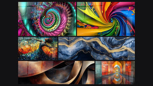 Mozaïek van zes schilderijen, waaronder Meerkleurig psychedelisch spiraal, Veelkleurig wervelend en Vurig Vrije Dans Rood