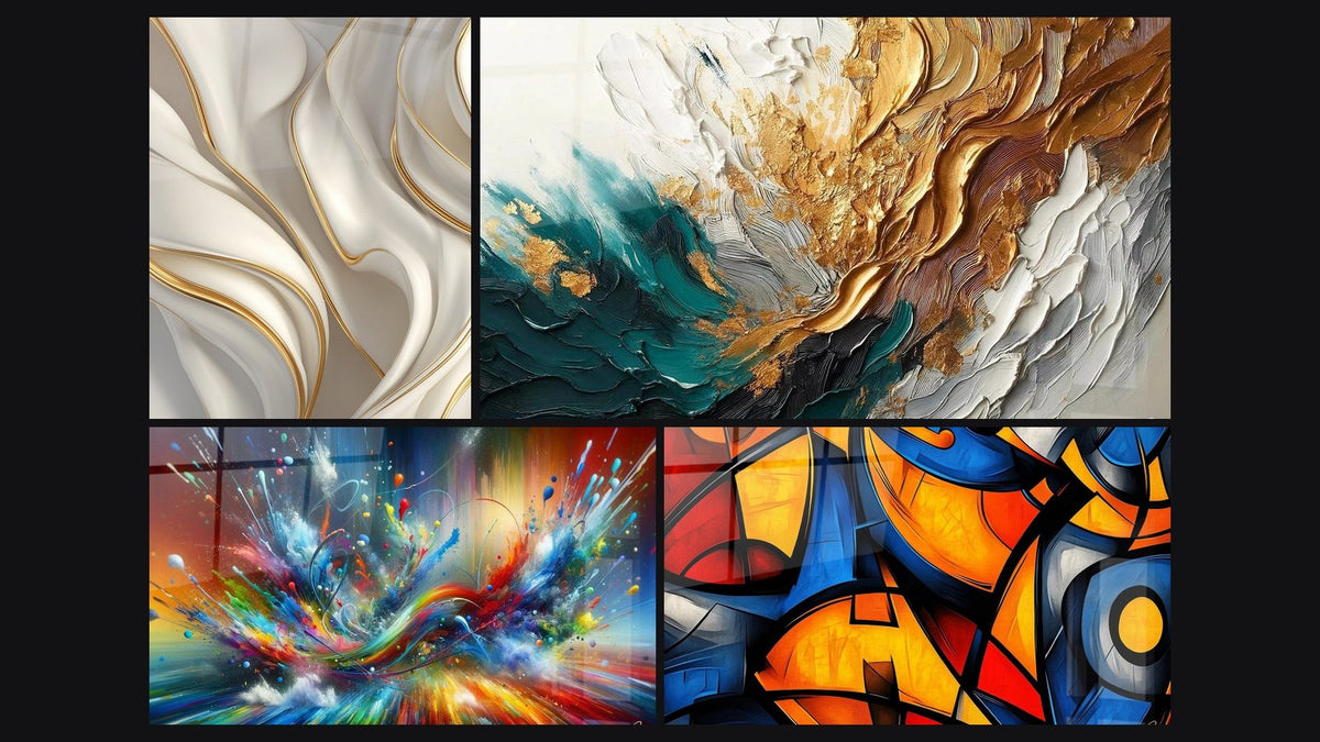 Mosaik aus vier Gemälden, darunter Goldene Wellen auf Perlmuttgrund und Trace in Gold und Jade