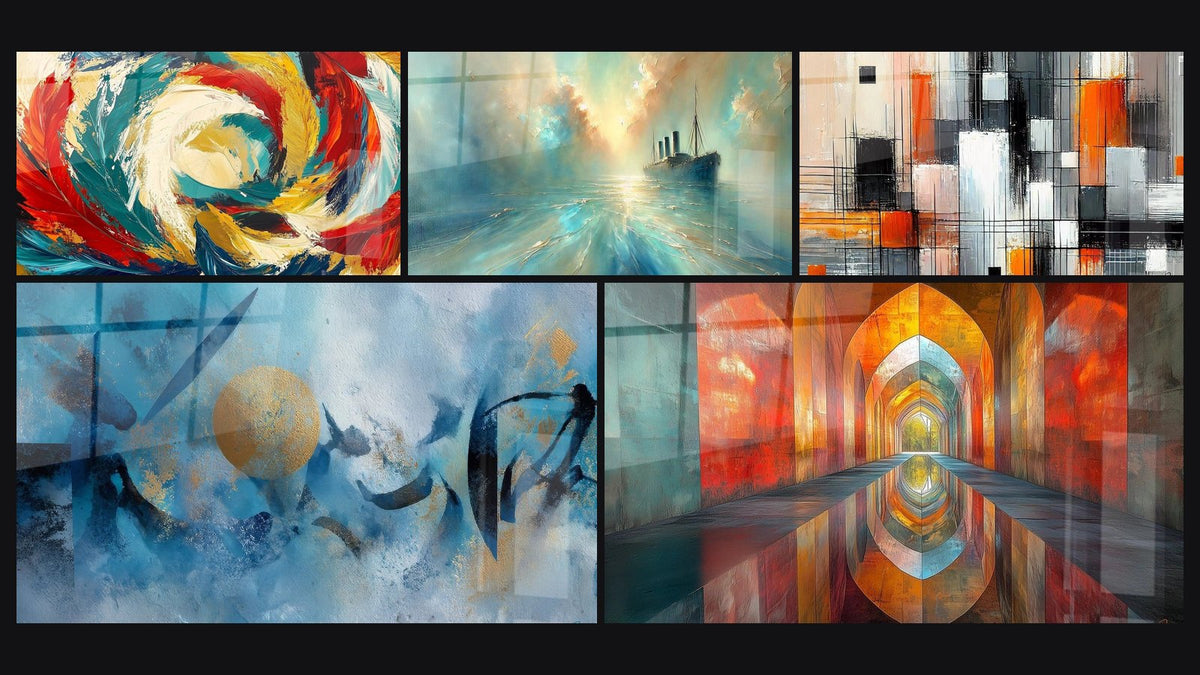 Mosaico de cinco cuadros, entre ellos Metamorfosis Cósmica, Círculo dorado abstracto y Arcos Brillantes Color Bermellón