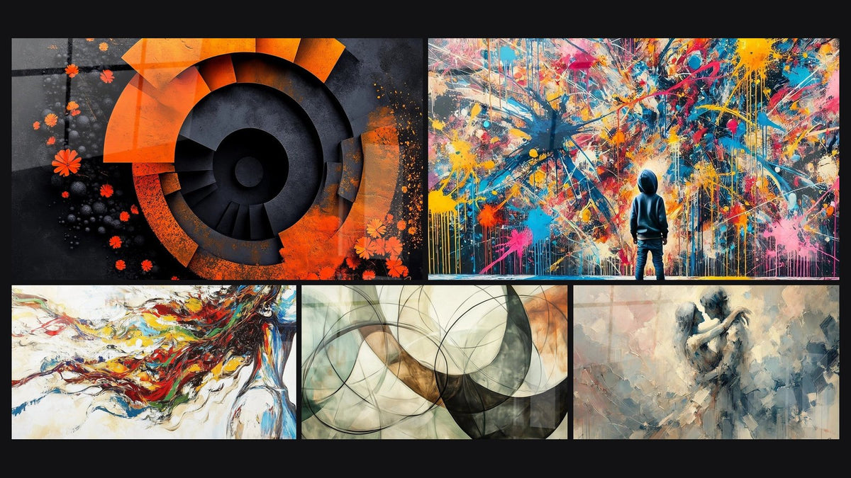 Mosaïque de cinq tableaux, dont Spirale dynamique orange, Muse Moderne et Les Liens Invisibles