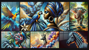 Mosaic of six paintings, including Azure Flight, Gold and Blue Dialogue and Perched on Beauty