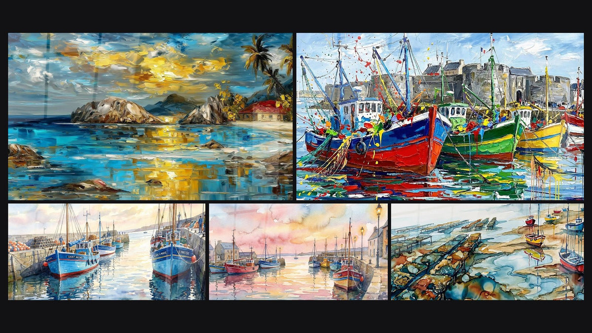 Mosaico di cinque quadri, tra cui Paesaggio tropicale tramonto, Porto di Pesca Bretone e Porto di Pesca Bretagna