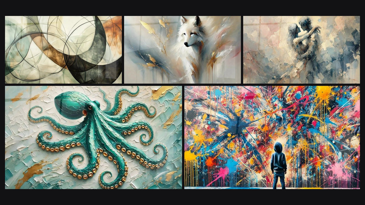 Mosaic of five paintings, including The Invisible Bonds, Emerald of the Abyss and White Wisdom