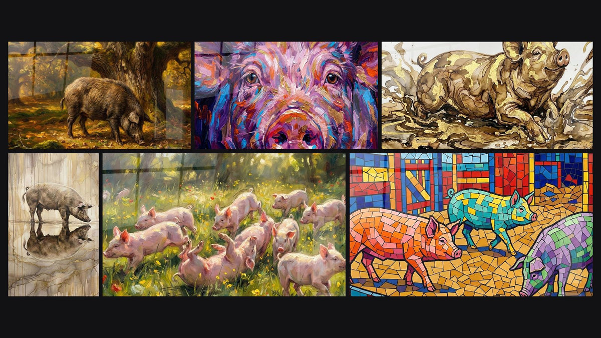Mosaïque de six tableaux, dont Cochon Éclaboussures Dorées et Brunes