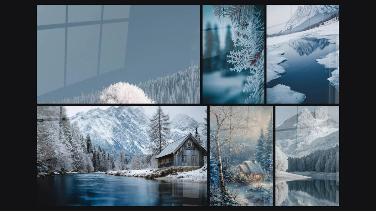 Mosaïque de six tableaux, dont Arbre Paix Hivernale, Branches givrées Givre matinal et Chalet havre perdu