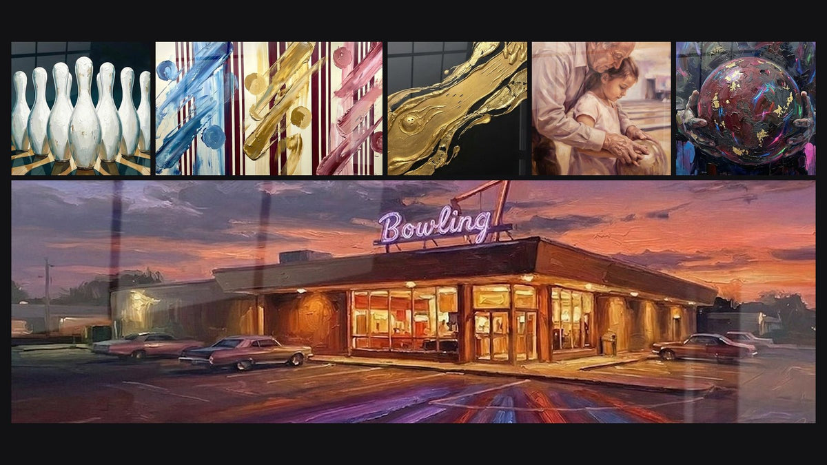 Mosaïque de six tableaux, dont Quilles de Bowling, Bowling Américain Vintage et Quilles Bowling Colorées