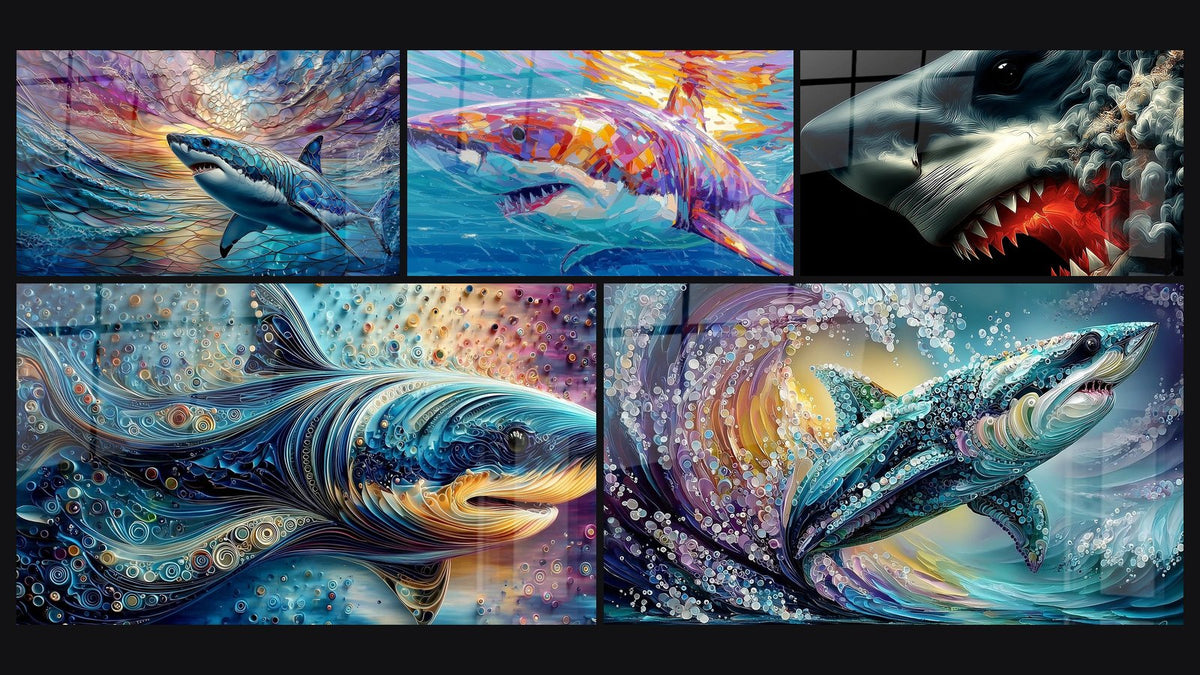 Mosaic of five paintings, including Megalodon Shark, Colorful Shark and Fantastic Megalodon