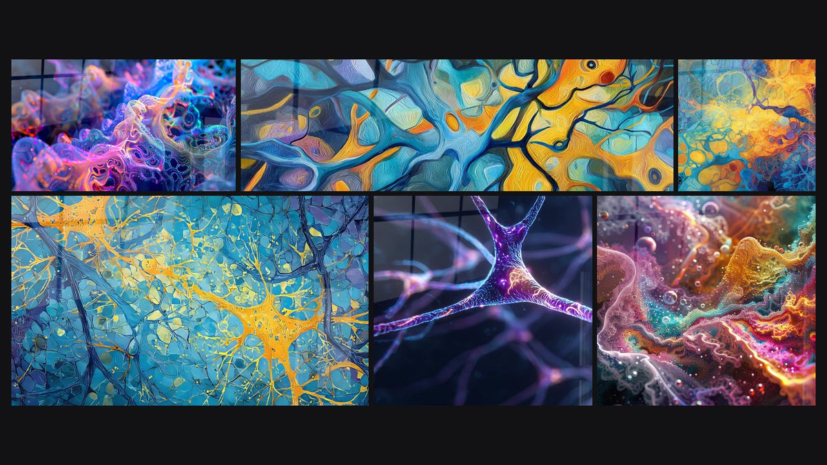 Mosaic of six paintings, including Synaptic Connections, Abstract Neural Network and Neural Network