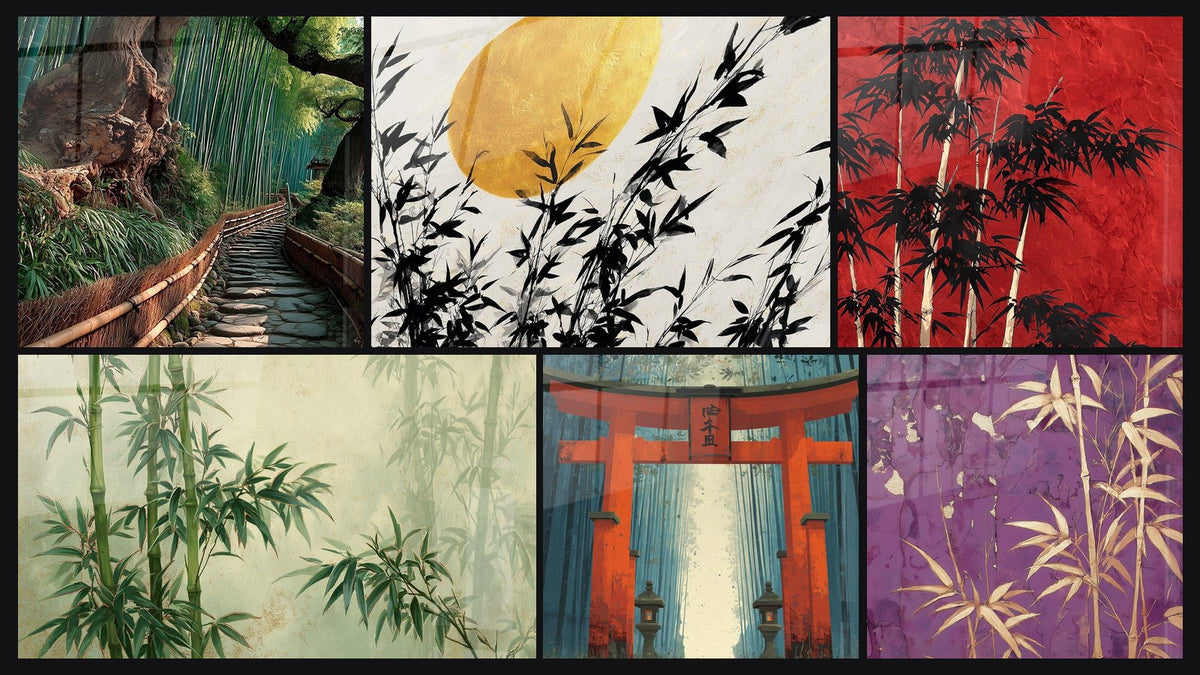 Mosaïque de six tableaux, dont Jardin Zen Bambou et Bambou doré sur fond violet craquelé