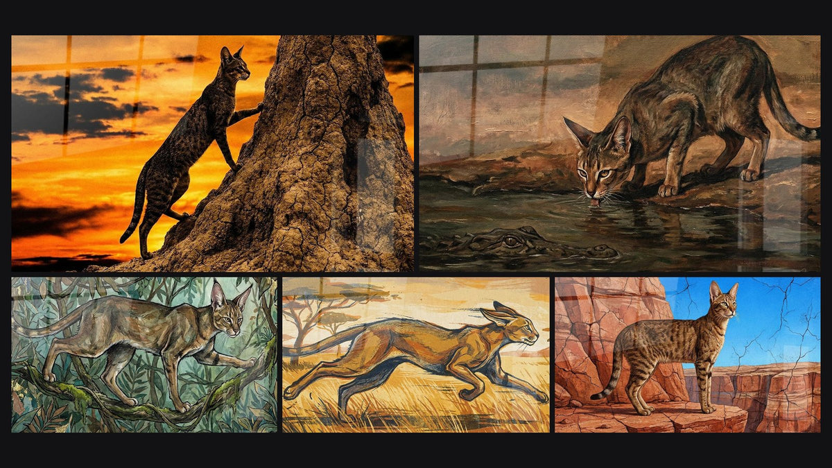 Mosaïque de cinq tableaux, dont Chat Chausie Coucher de Soleil, Chat sauvage dans la jungle et Chat Sauvage en Course