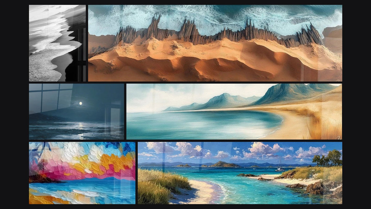 Mosaïque de six tableaux, dont Plage Océan, Plage nocturne et Paysage Marin Coucher de Soleil