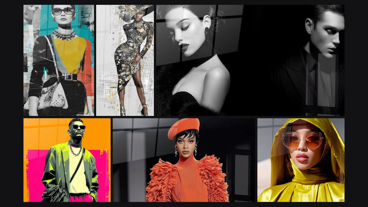 Mosaïque de six tableaux, dont Fashion Portrait, Fashion Pop et Tendance