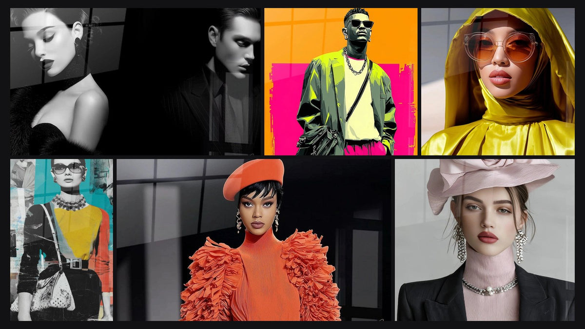 Mosaïque de six tableaux, dont Fashion, Fashion Pop et Fashion Portrait