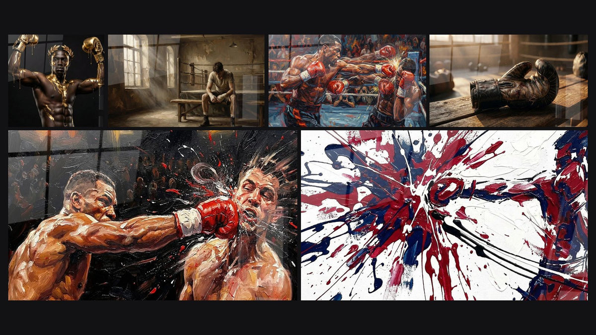 Mosaik aus sechs Gemälden, darunter Boxerbild Champion und Farb Explosion