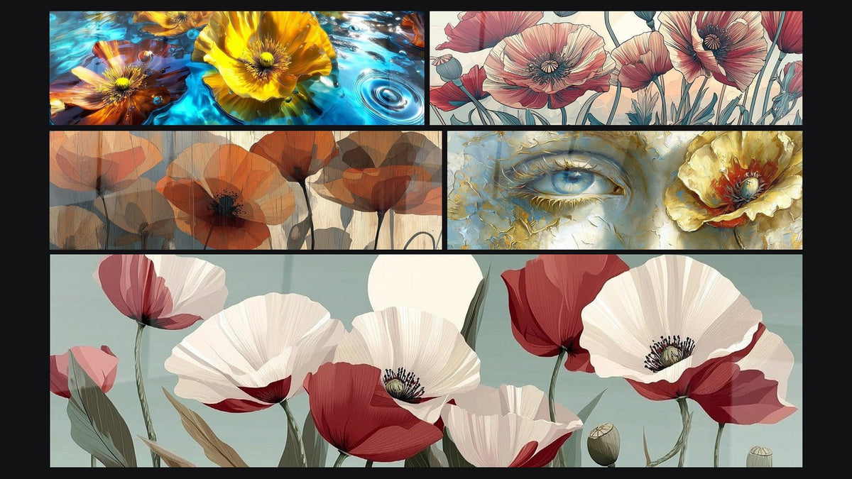 Mosaïque de cinq tableaux, dont Coquelicots Dorés sur Eau Turquoise