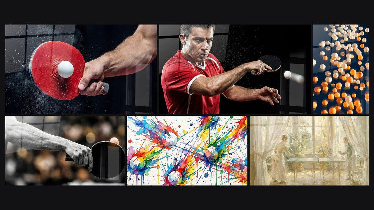 Mosaic of six paintings, including Ping Pong Racket Wall Art Red, Ping Pong Player and Hand with Racket