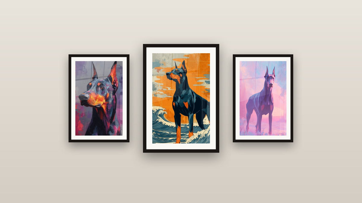 Mur de galerie avec trois tableaux encadrés, dont Doberman aux Tons Orangés et Violets